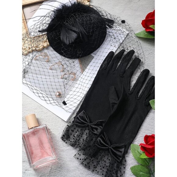 Women’s 50s Fascinators Feather Pillbox Hat Lace Gloves for Weddings Parties main image 7